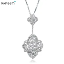 LUOTEEMI Nuevo Collar de Moda de Lujo Micro Pavimentada Brillante Tiny CZ Cristal Doble Flor Colgante de La Joyería para Las Mujeres