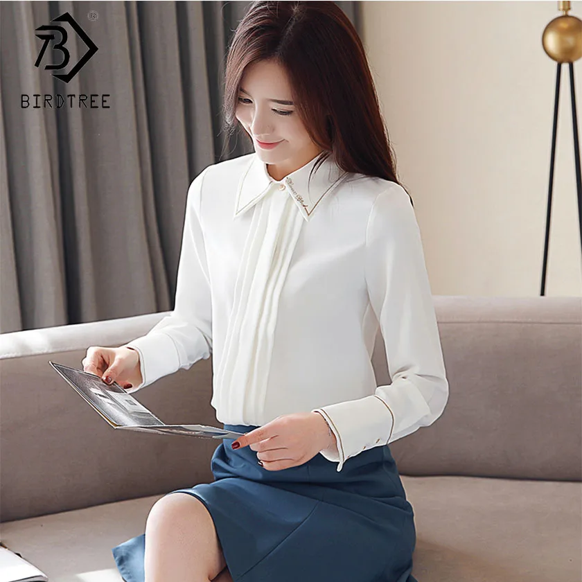 

2019 Women's Patchwork Buttons Chiffon Blouses Embroidery Flare Sleeve Turn Down Collar Button Top Office Lady Hot Sales T8D904J