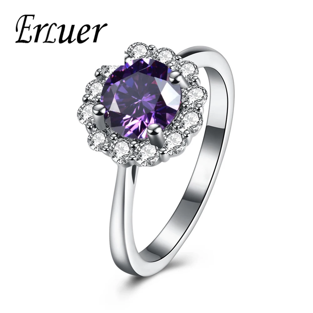 

Fashion Colorful Round Crystal Jewelry Classic Flower Zirconia Wedding Party Gift Hot Rings For Women Silver Plated Femme Bijoux