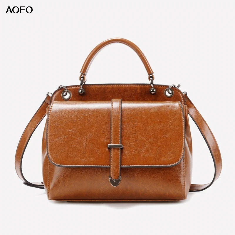 

AOEO Oil Wax Split Leather Luxury Handbags Women Shoulder Bags Designer Ladies Vintage Magnet Buckle Purse Female Messenger Bag