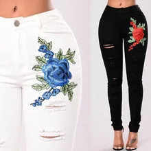 New High Black White Embroidered Jeans 2019 High Waist Jeans Skinny Denim Women Hole Slim Push Up Ripped Jeans Female Stretch black broken hole high waist ripped jeans