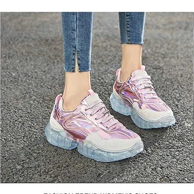 Женская Повседневная Вулканизированная обувь; Новинка; модная брендовая обувь для девочек; женские блестящие кроссовки с перекрестной шнуровкой и блестками; женская обувь на платформе - Цвет: pink