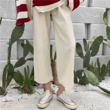 Осенние женские прямые широкие джинсы, одноцветные широкие женские брюки для студенток в стиле преппи, стильные хлопковые льняные брюки на пуговицах