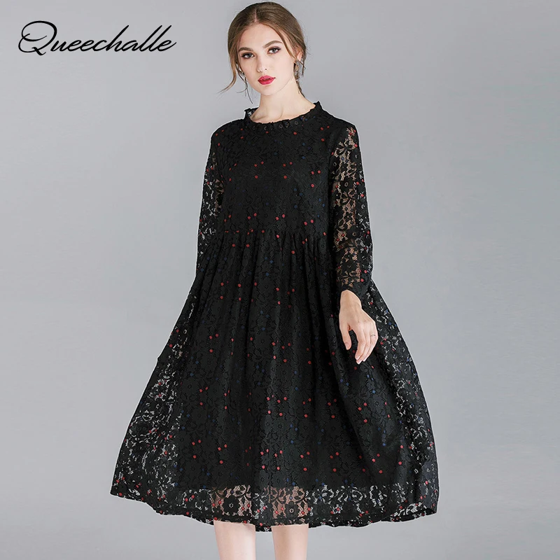 XL, XXL, XXXL, 4XL размера плюс, кружевное платье, женское, на шнуровке, с длинным рукавом, свободное, ТРАПЕЦИЕВИДНОЕ ПЛАТЬЕ, элегантное, в горошек, с принтом, вечерние, миди, розовое, зеленое