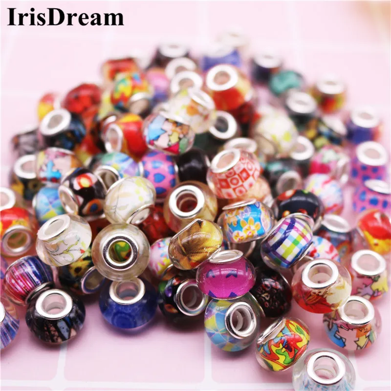 

50Pcs/Lot Big Hole Mixed Color Murano Plastic Resin Beads Charms Fit DIY European Pandora Bracelet Necklace For DIY Jewelry Gift