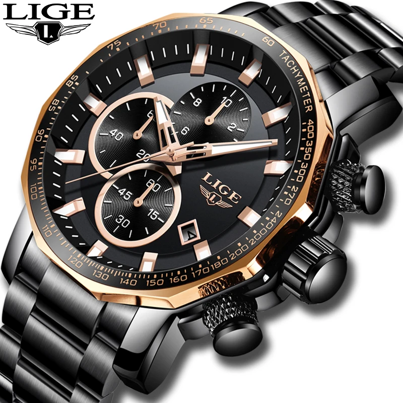 LIGE nuevos relojes para hombre de marca superior de lujo reloj de cuarzo cronógrafo deportivo de acero completo resistente al agua reloj de esfera grande para hombre - 1