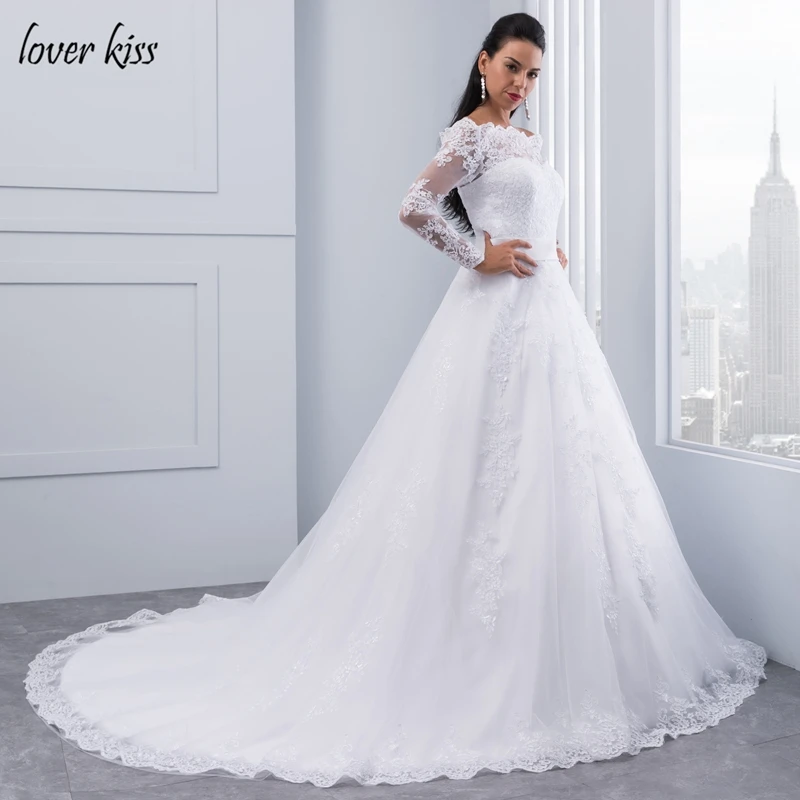 Lover Kiss vestidos de noiva с открытыми плечами Длинные рукава Свадебные платья кружевной вырез лодочкой свадебное платье белый пояс robe de mariage