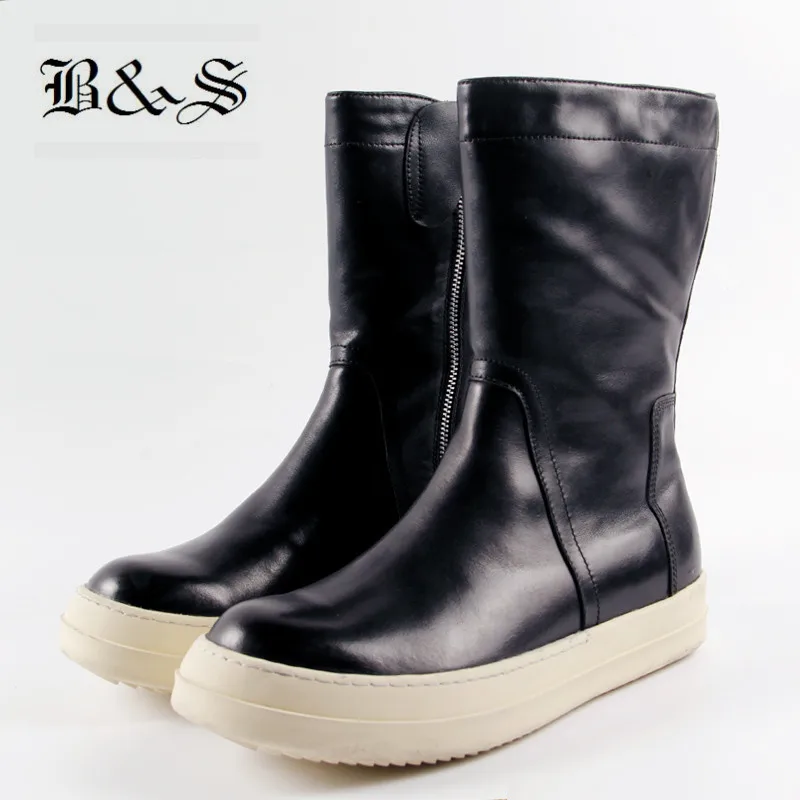 

Black& Street Men High Top Side Zipper Cow Leather flat Boots sew line Handmade Hip Hop Men Street Trainer Boots