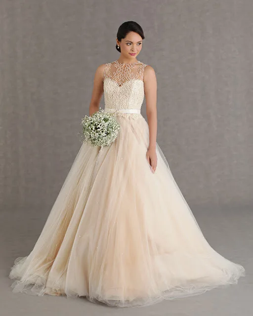 elegante scoop escote luz champagne vestido de boda con color perlas