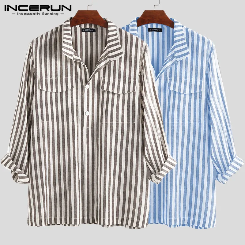 

INCERUN Europe United States Street Lapel Men Shoot Long Sleeve Vertical Striped Pocket Shirt Loose Casual Street Chic Shirt 5XL