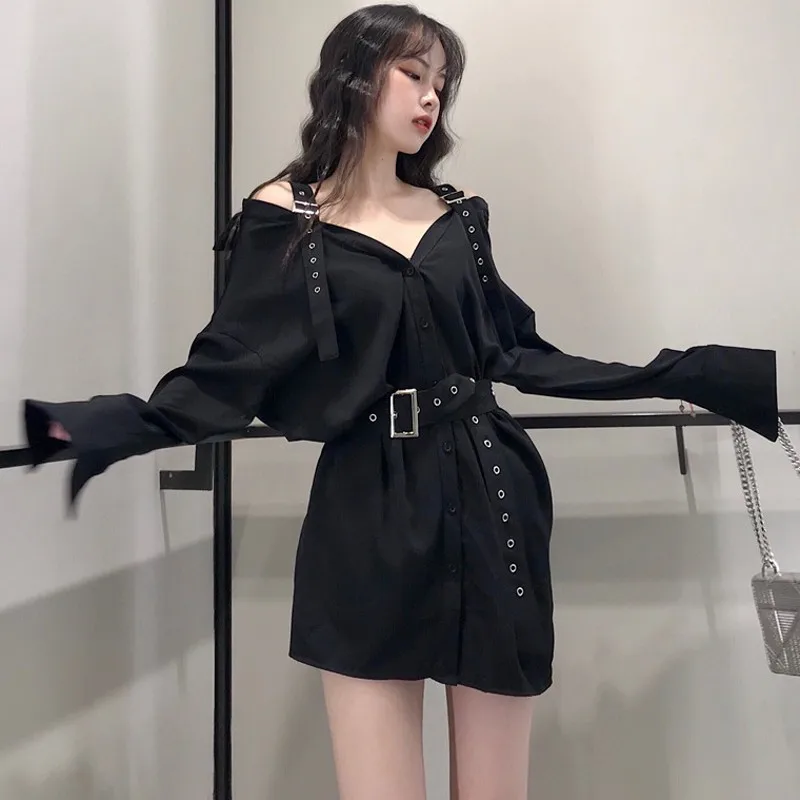 

Early autumn Women's Clothing New Hong Kong Chic Vintage loose BF Blouses Single Breasted V-neck strapless long Sleeve Shirts