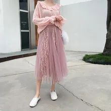 Осень Зима Винтаж юбки для женщин женские эластичные высокая Талия Тюль сетчатая юбка длинные плиссированные прямые женские Jupe Longue