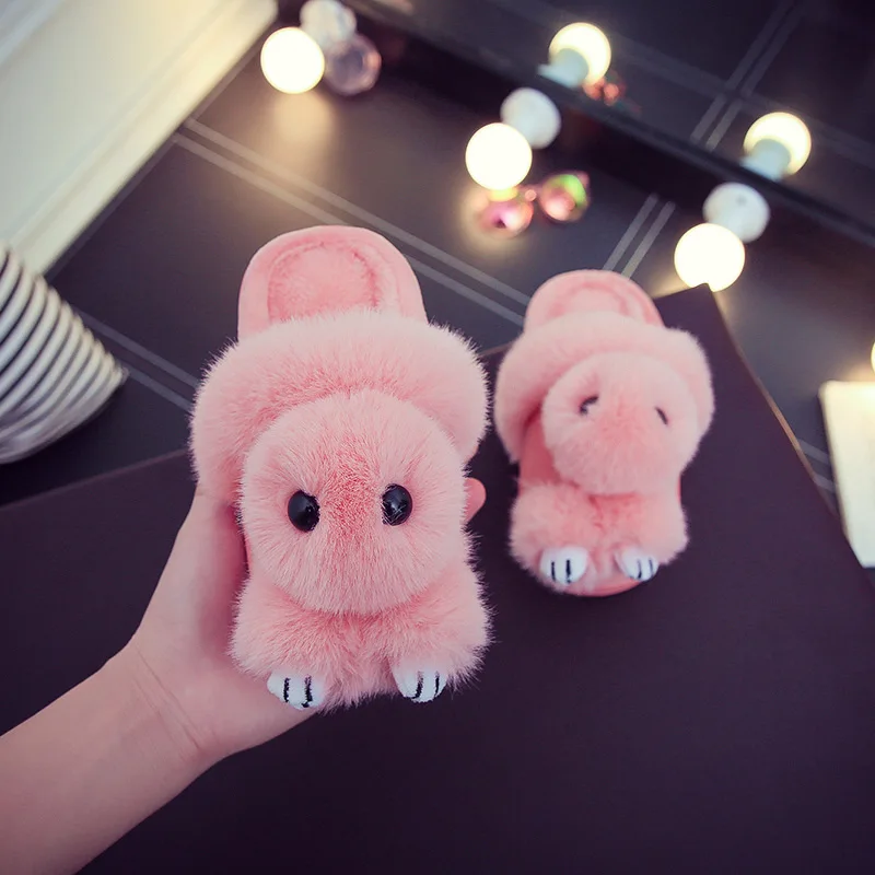 Тапочки с кроликами; Детские Зимние теплые плюшевые тапочки для маленьких мальчиков и девочек; хлопковая Детская домашняя обувь - Цвет: Розовый