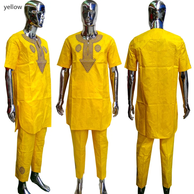 

BAIBAZIN African Dashiki Men's 100% Cotton Bazin Fabric Embroidery Craft Men's shirt and Pants Two-piece Suit