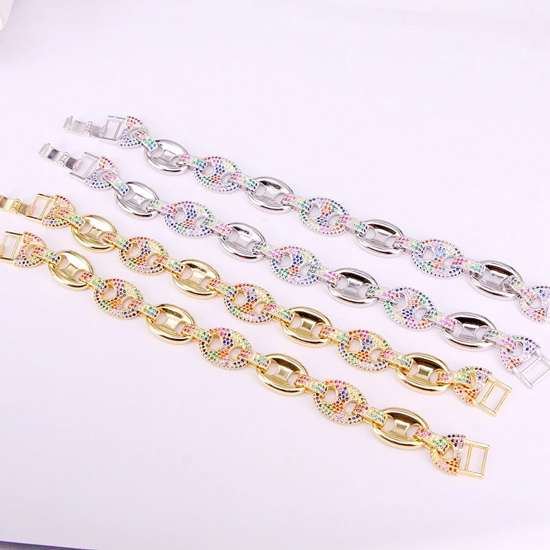 

4PCS, CZ Micro Pave Connector Chain Bracelets Lady Girl Charm Colorful Zirconia Top Fashion Elegant Bangles