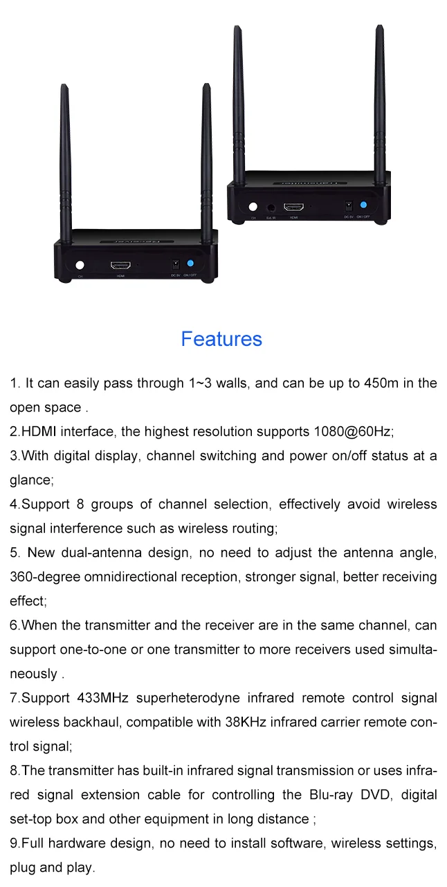 Measy HD595 1TX+ 8 RX Беспроводной HDMI удлинитель 450 м поддержка 1080 P с ик сигнала Трансмиссия(передатчик и приемник