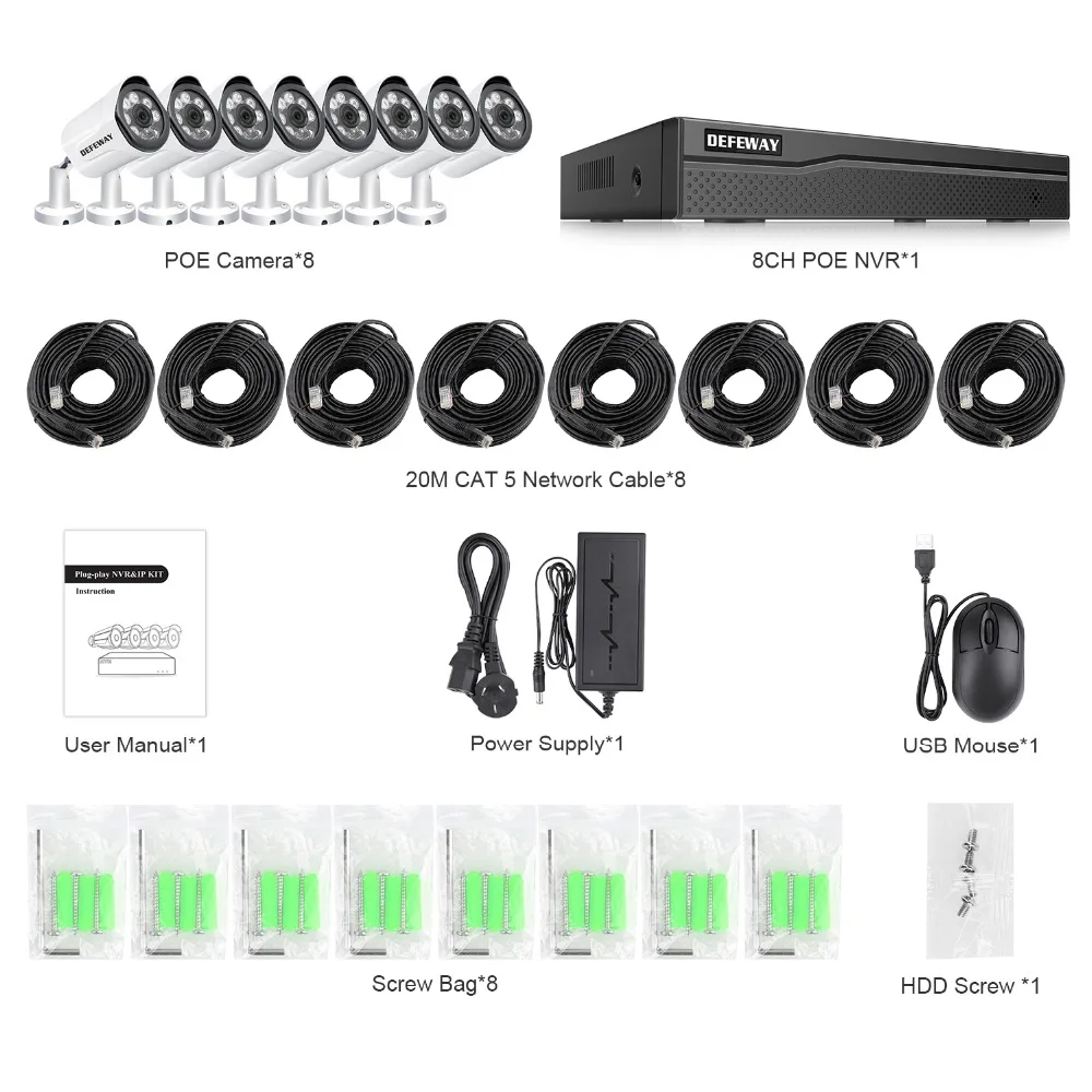 DEFEWAY 8CH HD 1080P IP Camera Outdoor Weatherproof Home Security Camera POE System 8 Camera DIY Kit Video Surveillance System 