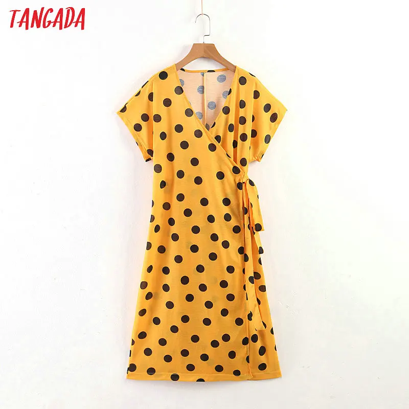

Tangada women dot print wrap dress short sleeve V neck bow summer 2019 female casual yellow mid calf dress vestidos SL258