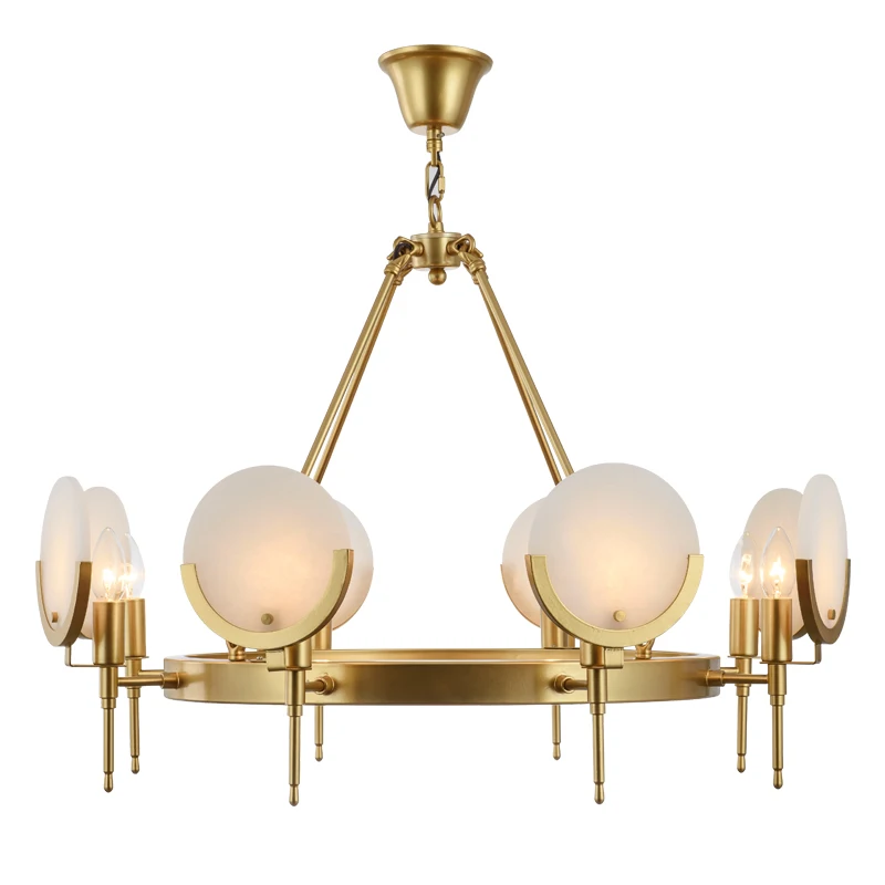 

American style all copper Chandelier gold Luxury Home marble round disc Lighting Fixture Creative Vintage LED E27 bulb droplight