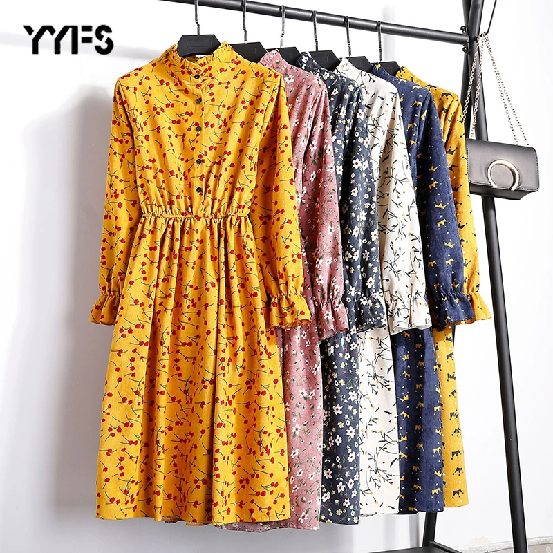

Floral Print Dresses Women Full Sleeve Corduroy High Elastic Waist Vintage Dress A-line 2019 Spring Winter Feminino 20 Colors