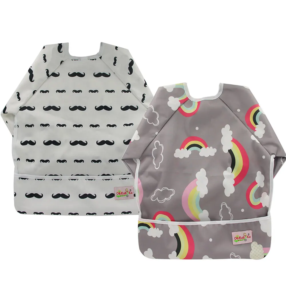 

Ohbabyka 2PCS Waterproof Bibs Baby Long Sleeve Feeding Bib Cartoon Pattern Reusable Infant Girl/Boy Pocket Bibs&Burp Cloths