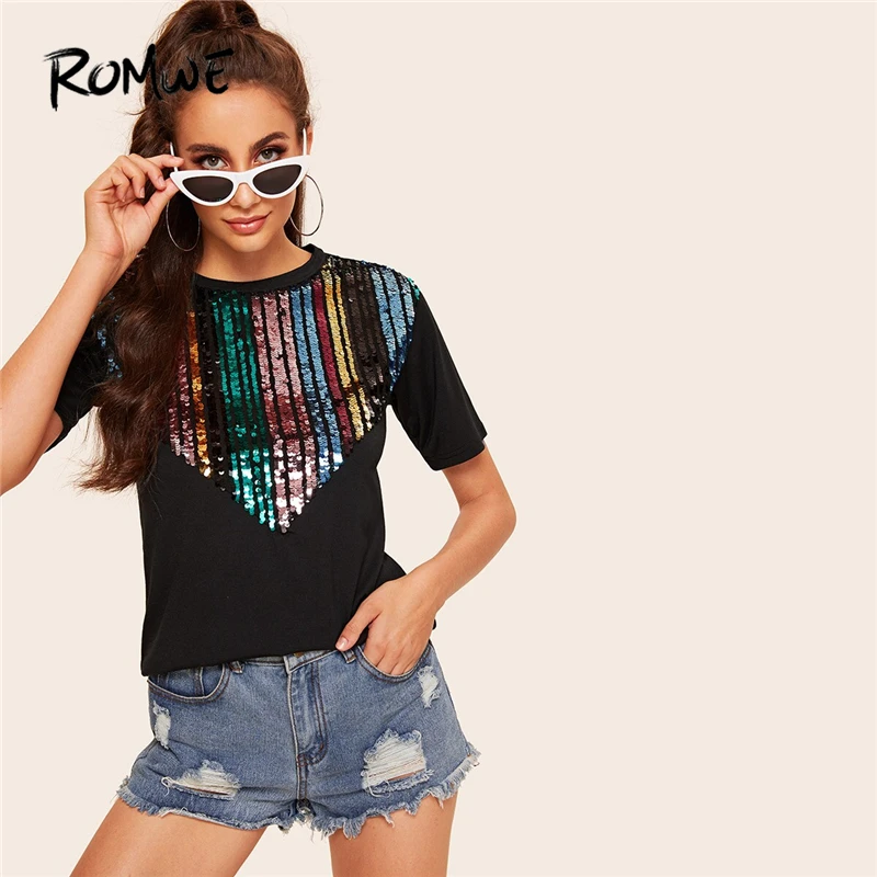 

ROMWE Black Contrast Sequin Tee Women Summer 2019 Round Neck Short Sleeve Clothing Ladies Casual T-shirt Tops Streetwear