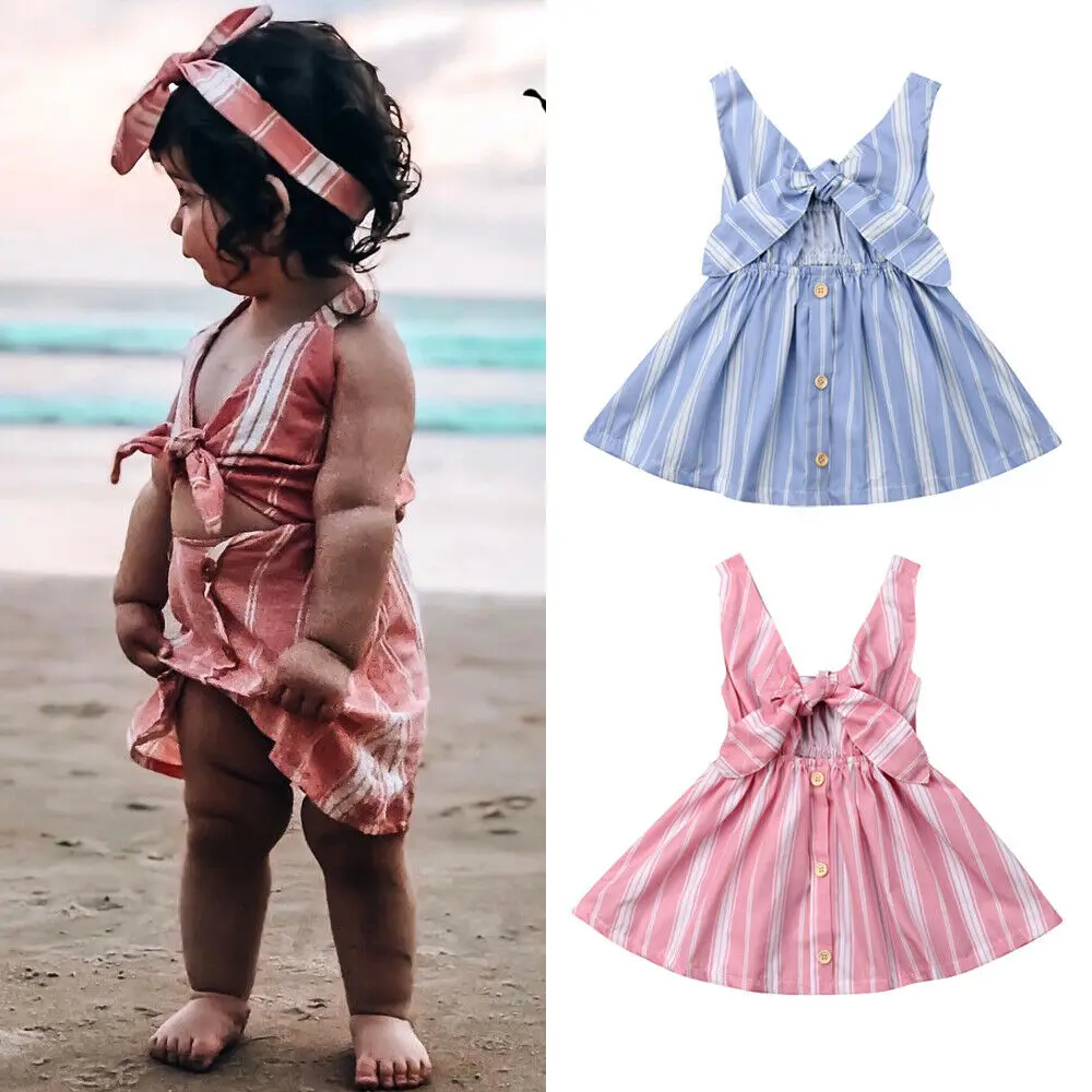 

0-4T Summer Toddler Kids Baby Girls Striped Butterfly Bowknot Dress Princess Dress Sleeveless Backless Button Down Tutu Dress