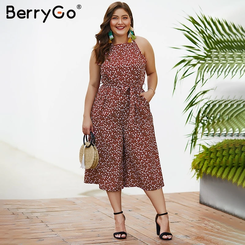 

BerryGo Plus size bohemian rompers floral print women jumpsuit Elegant sleeveless sashes jumpsuit romper Summer beach overalls