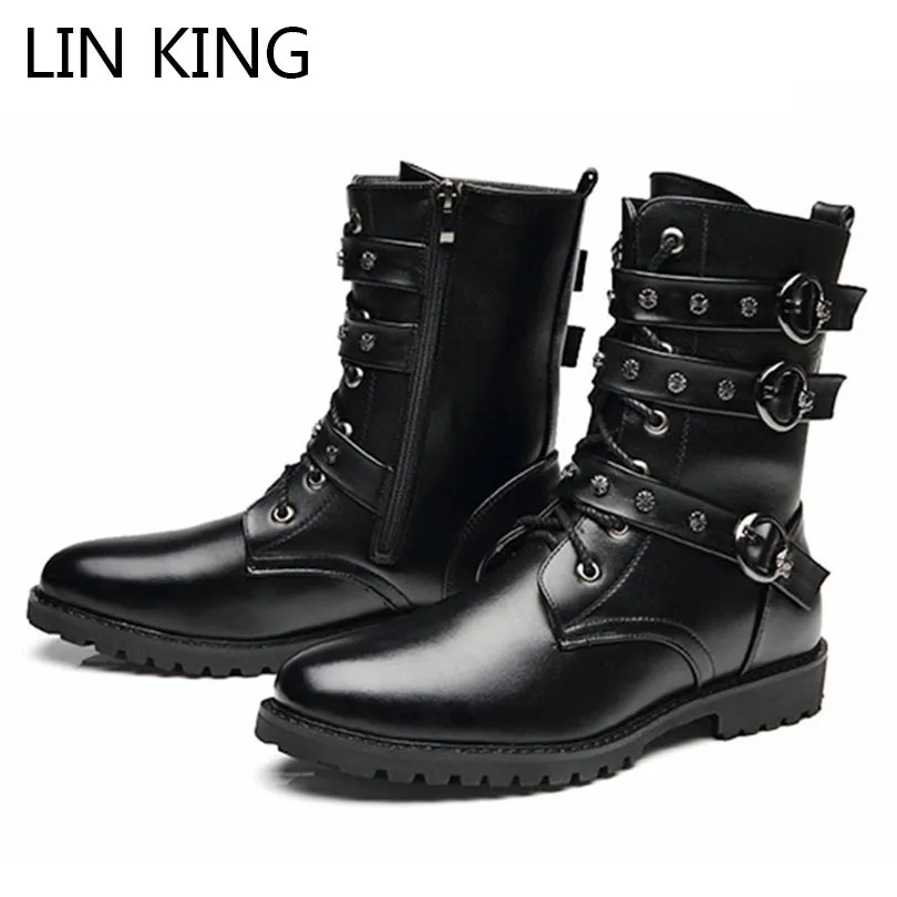 

LIN KING New Men Winter Boots Vintage Rivets Man Martin Boots Zipper High Top Warm Motorcycle Boots Punk Male Combat Army Botas