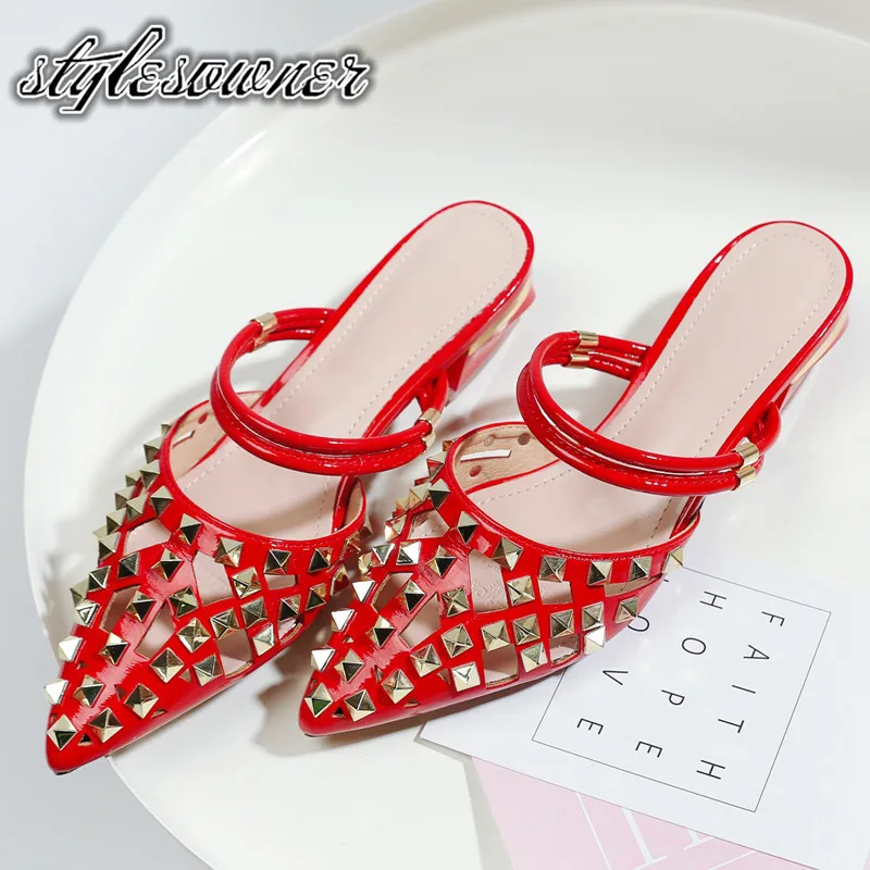 

Stylesowner Luxury Brand Pointed Toe Female Sandals Patent Leather Low Heels Solid Color Slip-on Sandals Genuine Leather Comfort