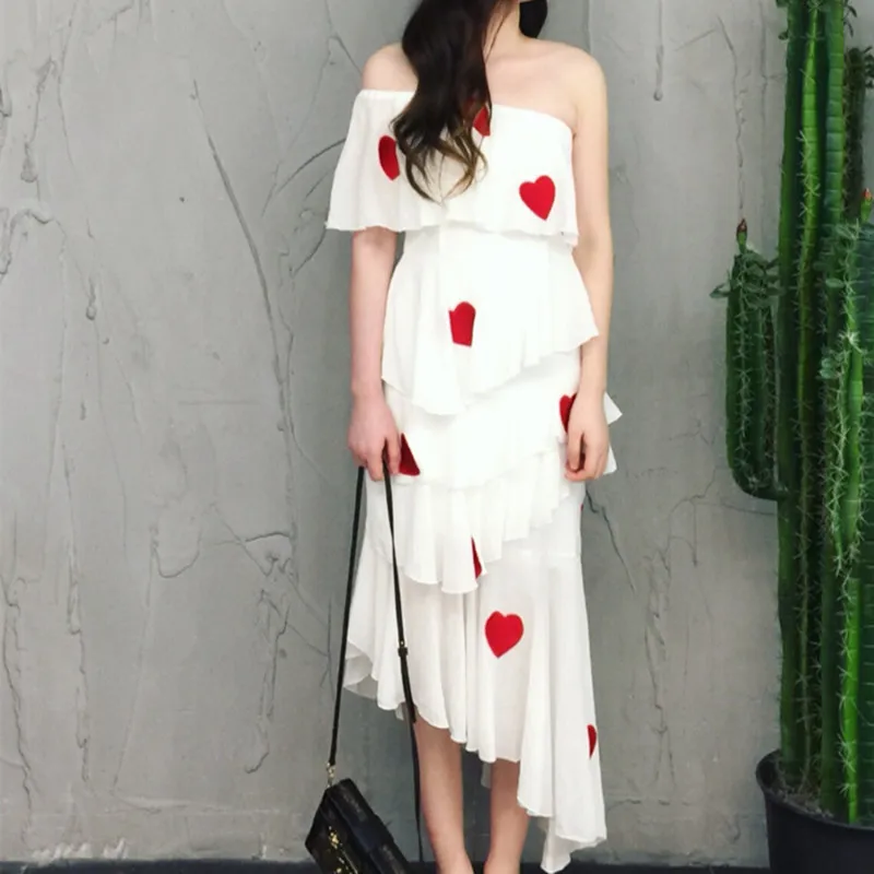 

Sexy One Shoulder Ruffles Irregular Dress Women Sleeveless Heart Embroidery Summer Spaghetti Strap Holiday Beach Long Sundress