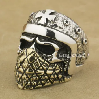 

Motorcycle Helmet Skull Brass Mask 925 Sterling Silver Mens Biker Rock Punk Ring TA23