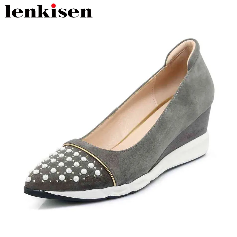 

Lenkisen sheep leather pointed toe slip on pearls casual shoes high wedges heels vulcanized shoes increased women cozy shoes L27