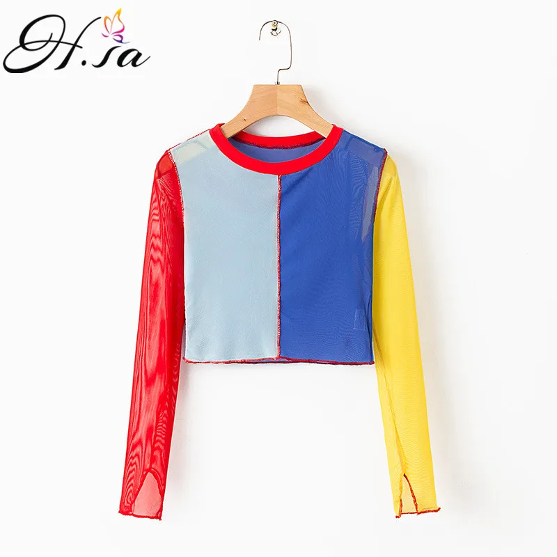 

H.SA 2019 Women Spring Summer Sexy Blouse and Tops Colorful Patchwork Short Shirts Crop Blusas Long Sleeve Chic Sweater Shirt