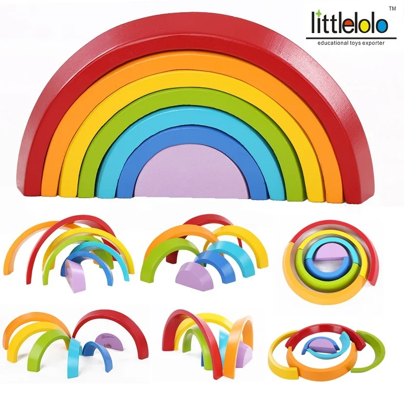 

baby educational toy wooden blocks rainbow color bridge blocks Stacker Color sort Game Nesting Creative Wood Circle Set 7pcs/set