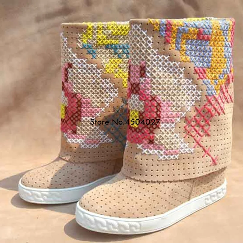

Spring Autumn Women's Boots Embroidery Slip-on Boots For Female Ladies Height Increasing Flat Shoes Women Knee High Boots