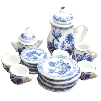 

Dollhouse Miniature 1: 12 Toy 17 Pcs Blue Flower Porcelaine Tea Set