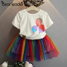 Bear Leader/Одежда для девочек коллекция года, Брендовое платье для девочек белая футболка с рисунком воздушных шаров+ Радужное платье 2 предмета, детская одежда Платья принцессы