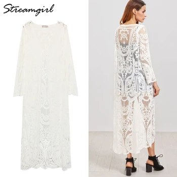 Streamgirl Women Long Cardigan Summer 2019 Oversize Long Sleeve Beach Lace Cardigan White Female Casual Kimono Cardigans Summer lace panel kimono sleeve tee