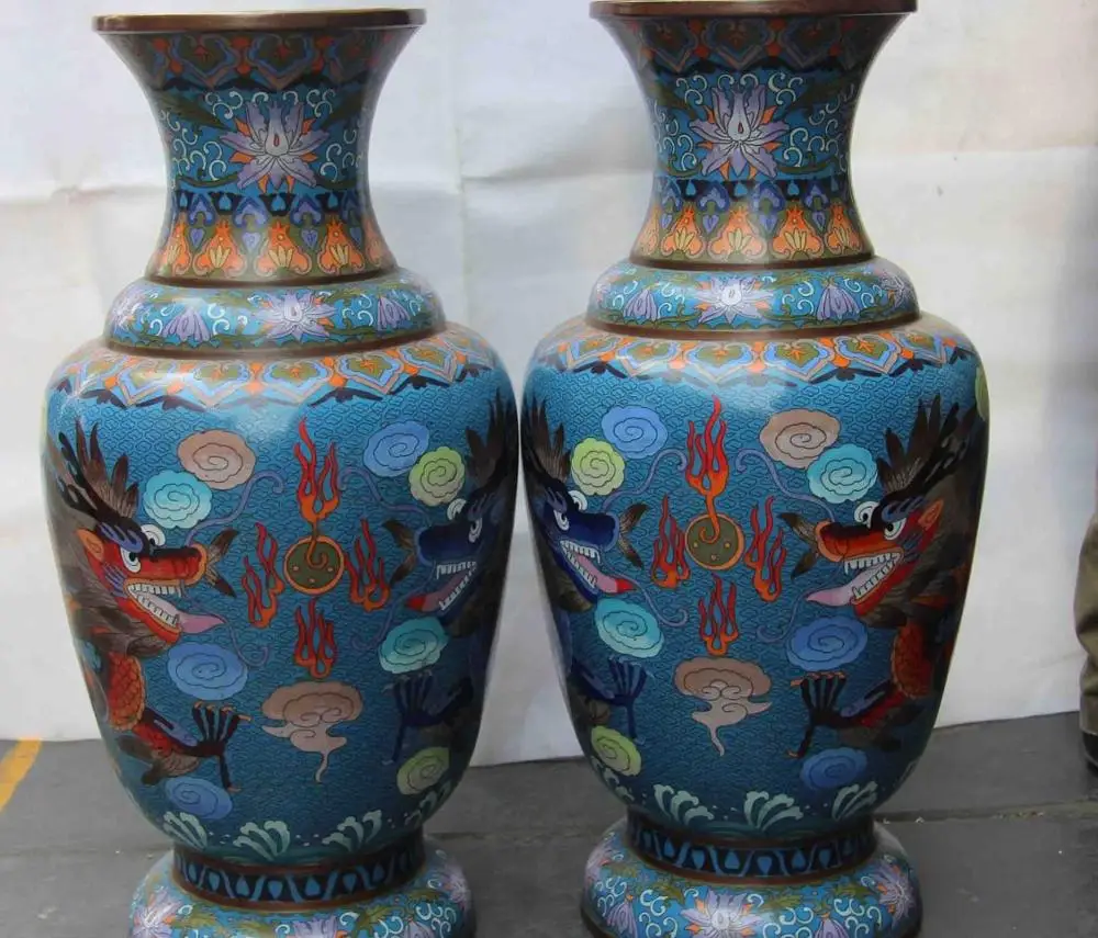 

China Palace Handwork Copper Cloisonne enamel Two Dragon Play Bead Pot Vase Pair
