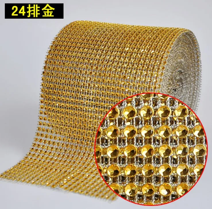 GOLD plastic rhinestone mesh trimming sew on mesh trim 24 rows 4mm gold base 10 yards/roll mesh
