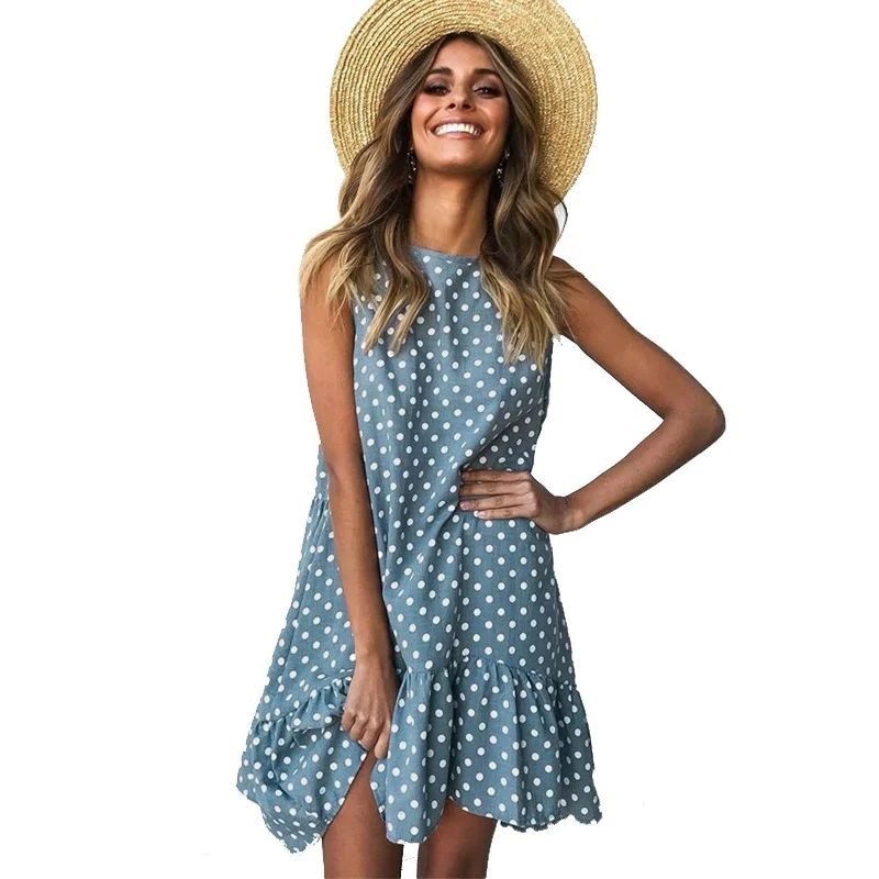 

Women's Dress Round Neck Sleeveless Women Dress Polka Dot Loose Large Ruffle Summer Party Dresses