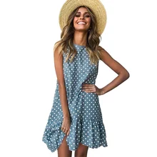 Women's Dress Round Neck Sleeveless Women Dress Polka Dot Loose Large Ruffle Summer Party Dresses ruffle detail dot textured embroidery dress