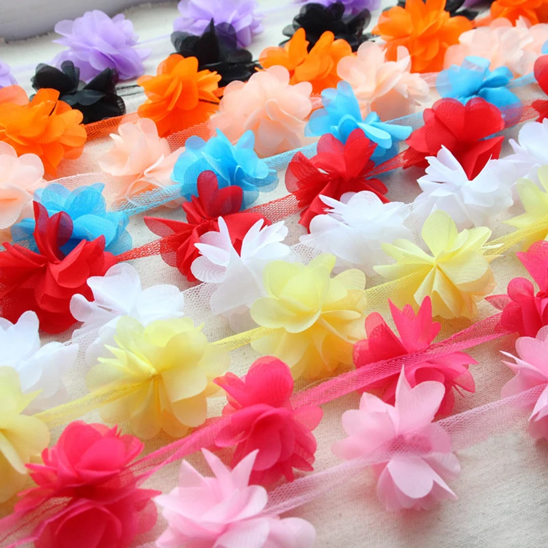 

1 Yard 3D Simulation Flowers Trim Ball Fringe Ribbon DIY Sewing Accessory Lace Rainbow Color Handcrafted Fabric Supplies Guipure