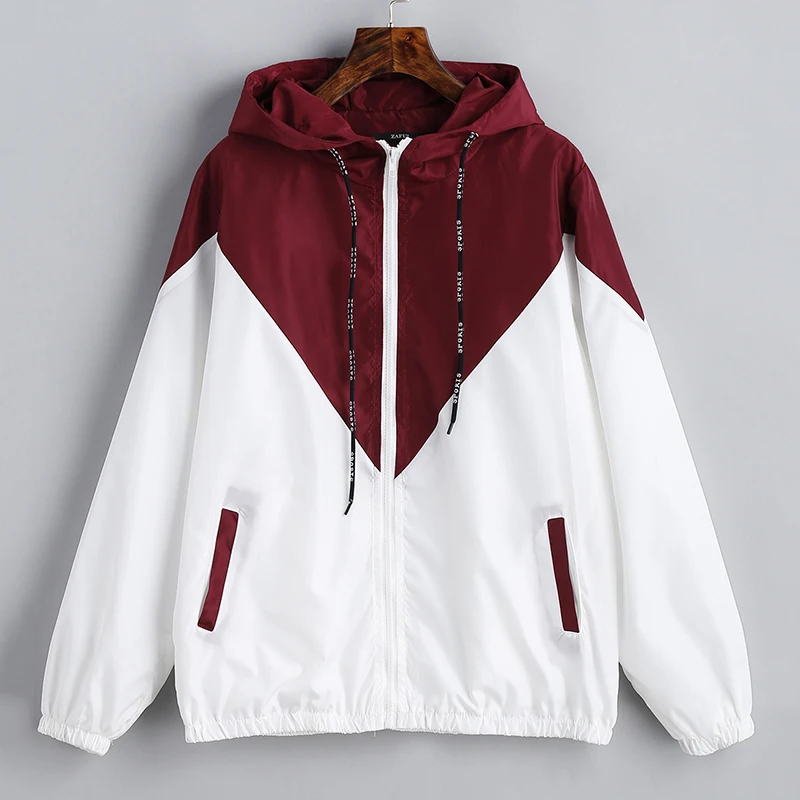 

2019 new autumn wrint jacket women hooded long sleeve thin coat outwear clothes ladies jackets patchwork female coat BDR1164