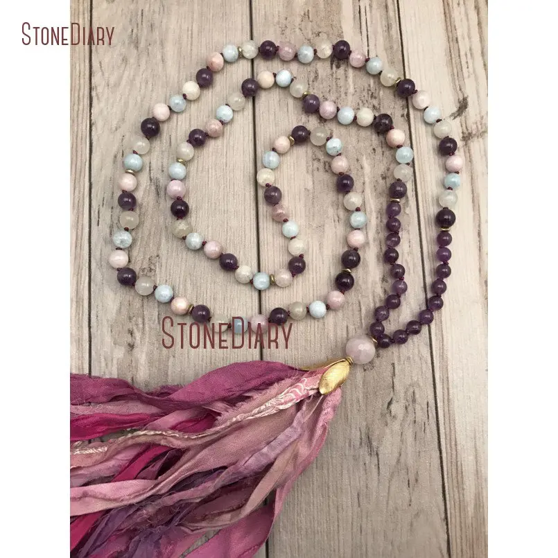 20180313-NM11117-Aquamarine, Amethyst, Kunzite, and Moonstone Mala Necklace Sari Silk Tassel Hand knotted 108 Mala Beads Boho Tassel Jewelry Gemstone Mala_3