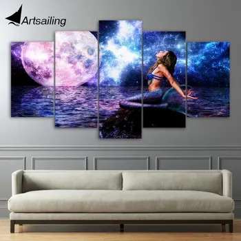 

5 Pieces Canvas Paintings Printed Moon Aurora Mermaid Night Wall Art Canvas Modular Living Room Bedroom Home Decoration ny-4909