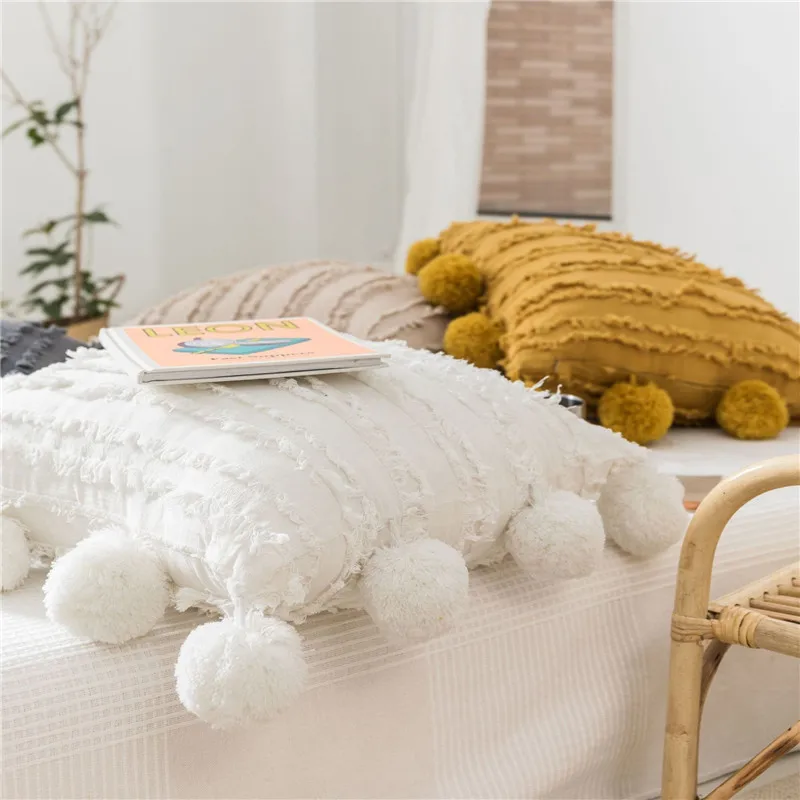 Декоративный чехол для подушки в цветочек кисточки квадратная наволочка с помпоном Желтый Белый Серый наволочка для дивана; для кровати; для автомобиля 45x45 см
