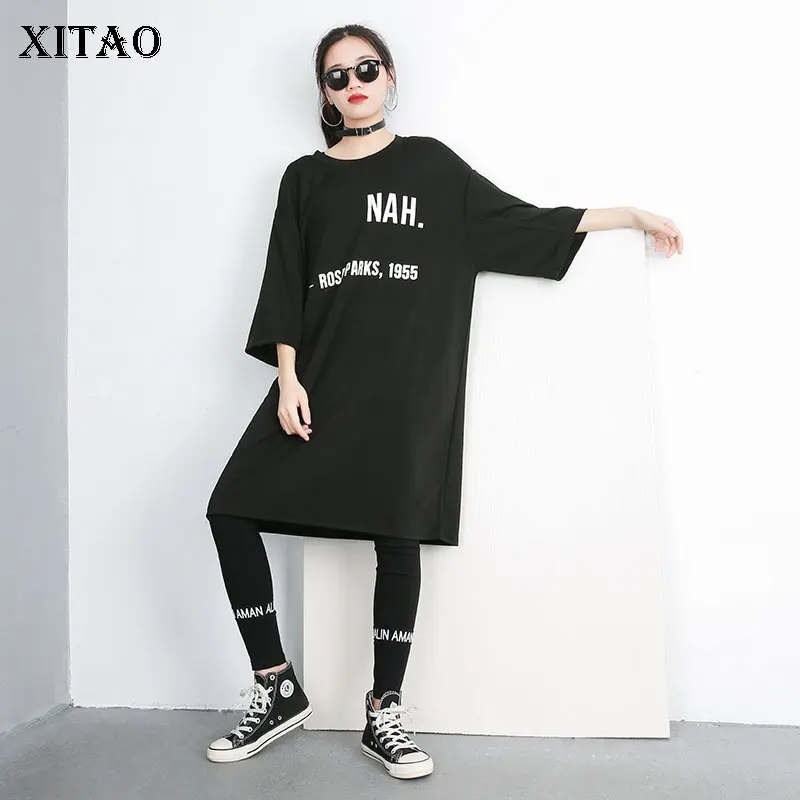 

[XITAO] 2019 Spring Summer New Europe Fashion Women O-neck Half Sleeve Loose Dress Female Letter Pattern A-line Dress WBB2608