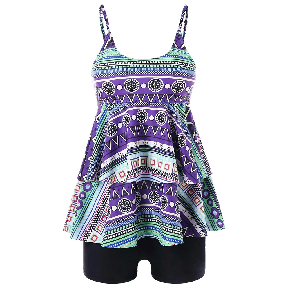 

2018 Summer Print High Waist Tankini Set Two pieces Swimsuit Swimwear Plus Sise Top and Shorts Layered Bathing Suit